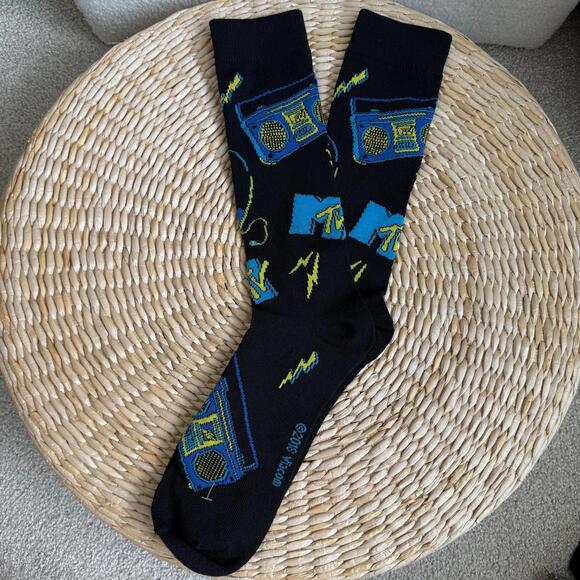 MTV Music Television Black Socks with Boombox and Lightning Bolt Design - Picture 1 of 3